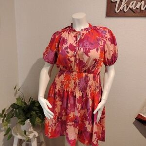 Vibrant Pink and Orange Floral Mini Dress